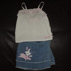 Barbie Avenue - Twin Set - Embroidered Floral Halter & Matching Print Jean Skort